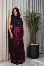 Black & Wine Ombre Satin Silk Saree with Abstract Print & Minimal Border – Party Wear