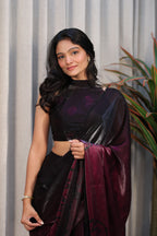 Black & Wine Ombre Satin Silk Saree with Abstract Print & Minimal Border – Party Wear