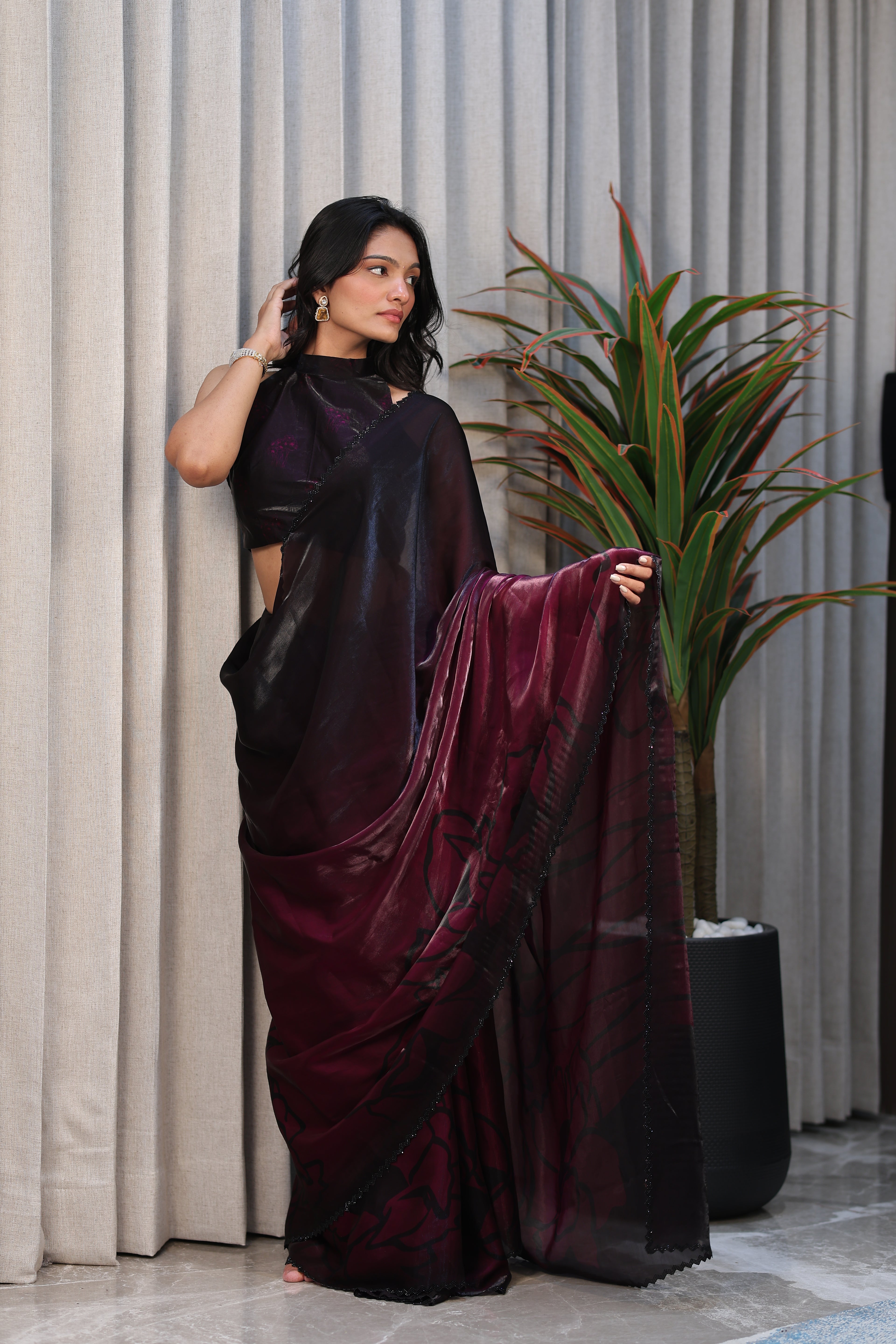 Black & Wine Ombre Satin Silk Saree with Abstract Print & Minimal Border – Party Wear