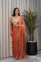 Premium Golden Tissue Silk Saree with Peach Border – Elegant Festive Wear | Party & Wedding Saree for Women