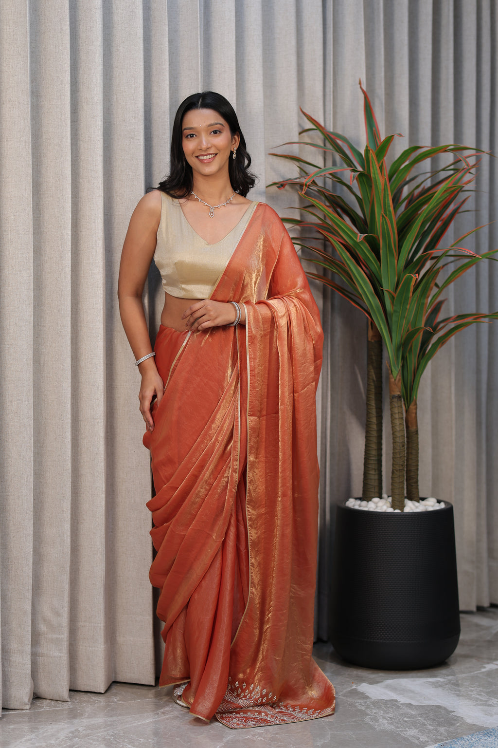 Premium Golden Tissue Silk Saree with Peach Border – Elegant Festive Wear | Party & Wedding Saree for Women