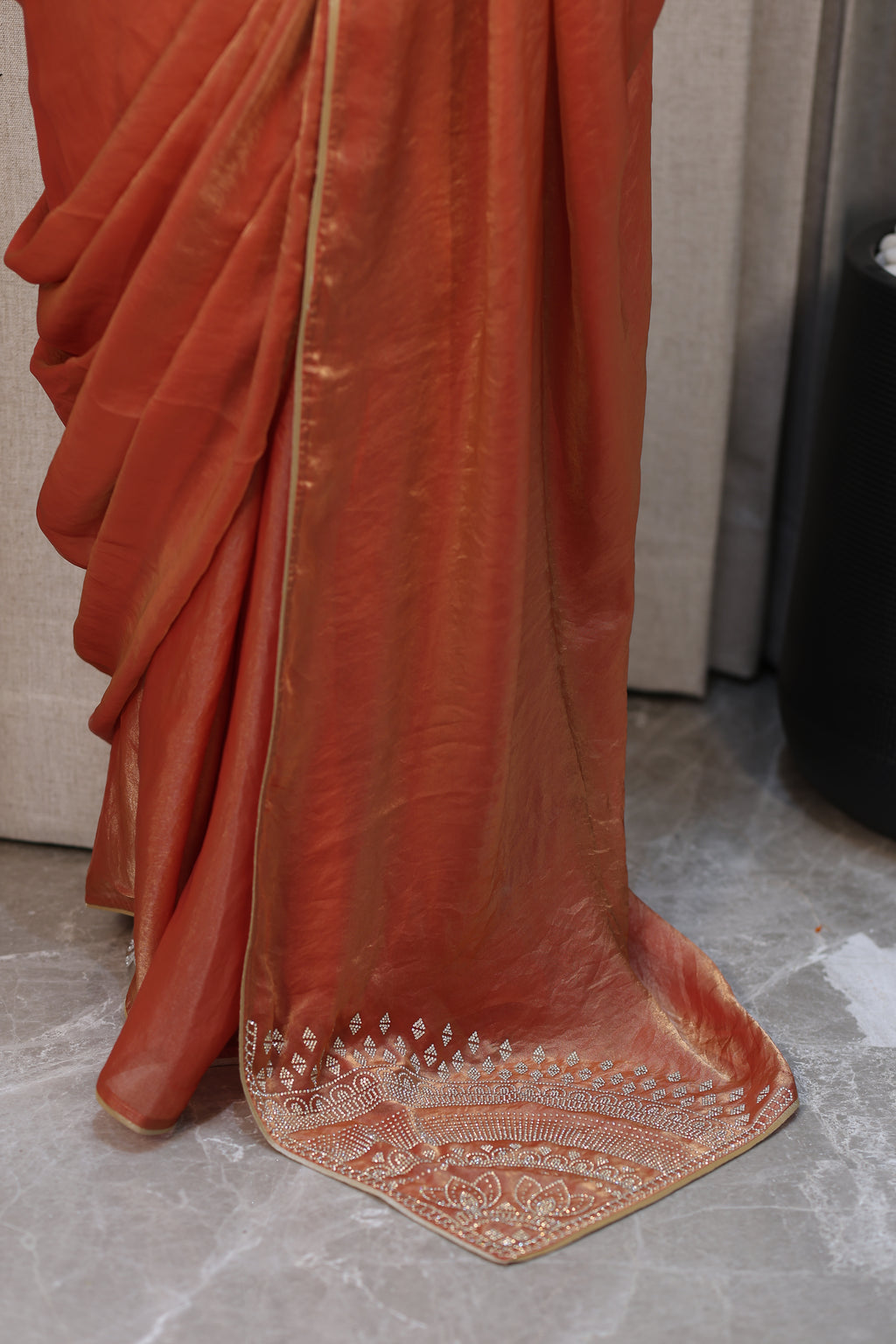 Premium Golden Tissue Silk Saree with Peach Border – Elegant Festive Wear | Party & Wedding Saree for Women