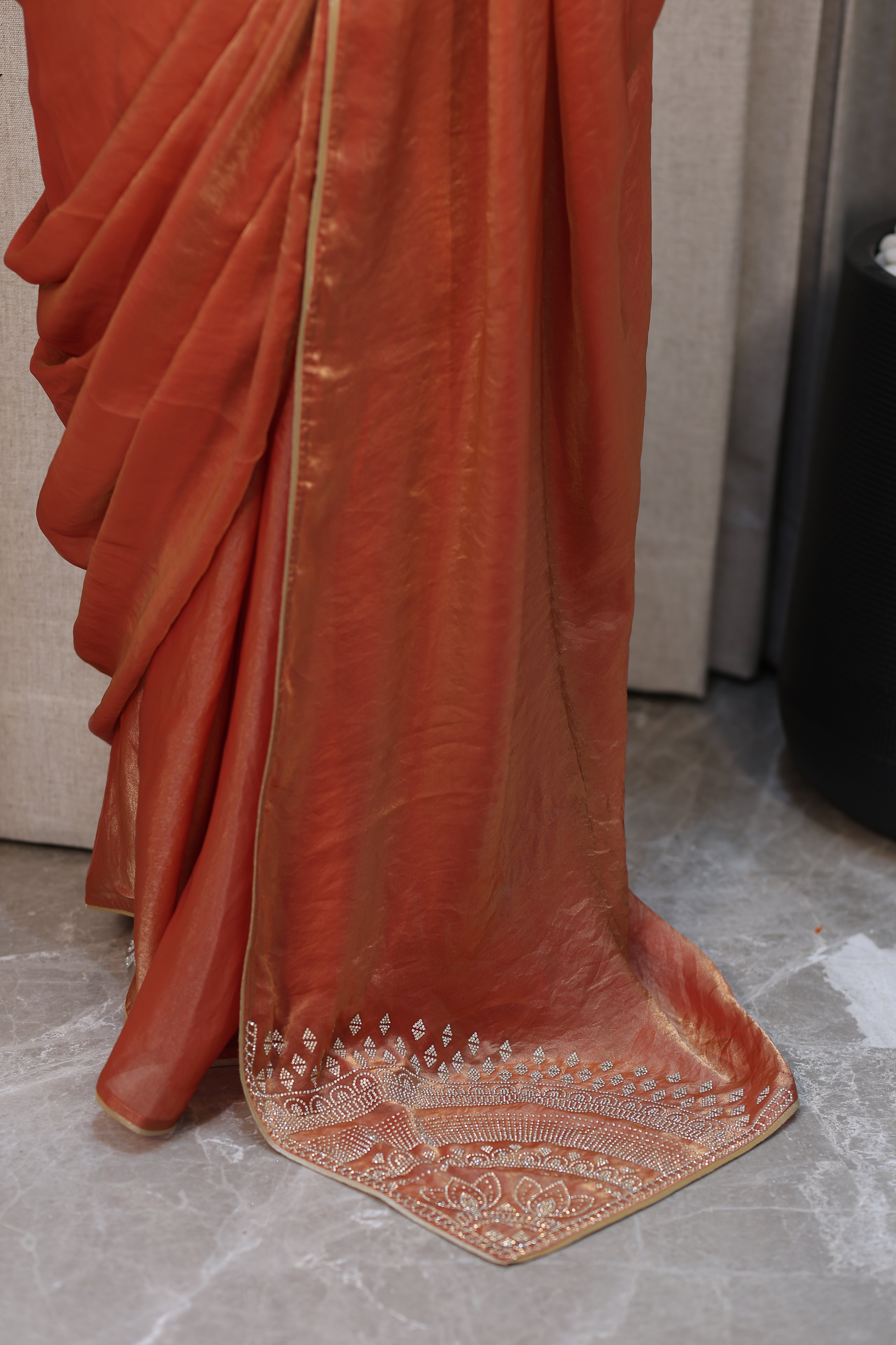 Premium Golden Tissue Silk Saree with Peach Border – Elegant Festive Wear | Party & Wedding Saree for Women