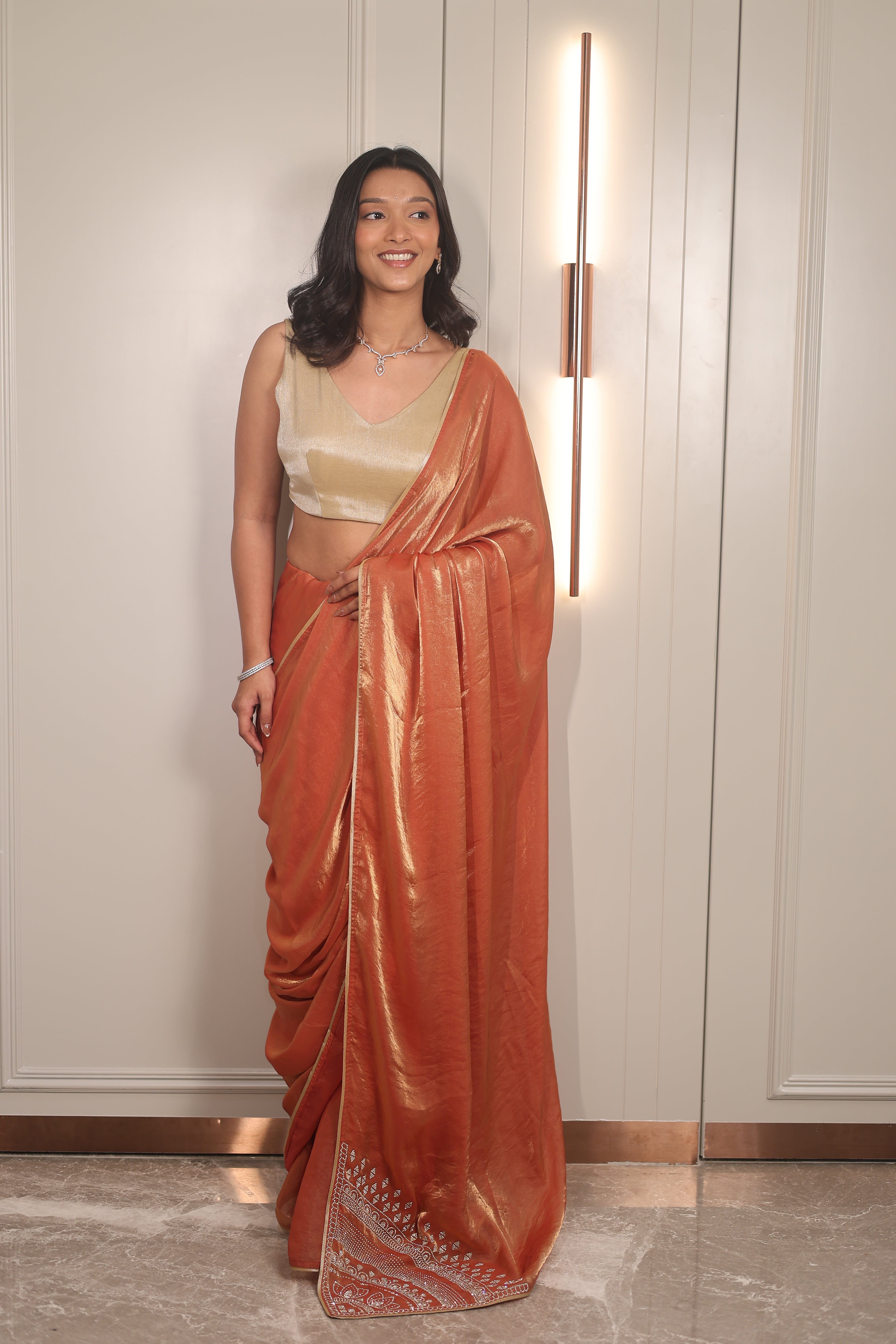 Premium Golden Tissue Silk Saree with Peach Border – Elegant Festive Wear | Party & Wedding Saree for Women