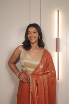 Premium Golden Tissue Silk Saree with Peach Border – Elegant Festive Wear | Party & Wedding Saree for Women