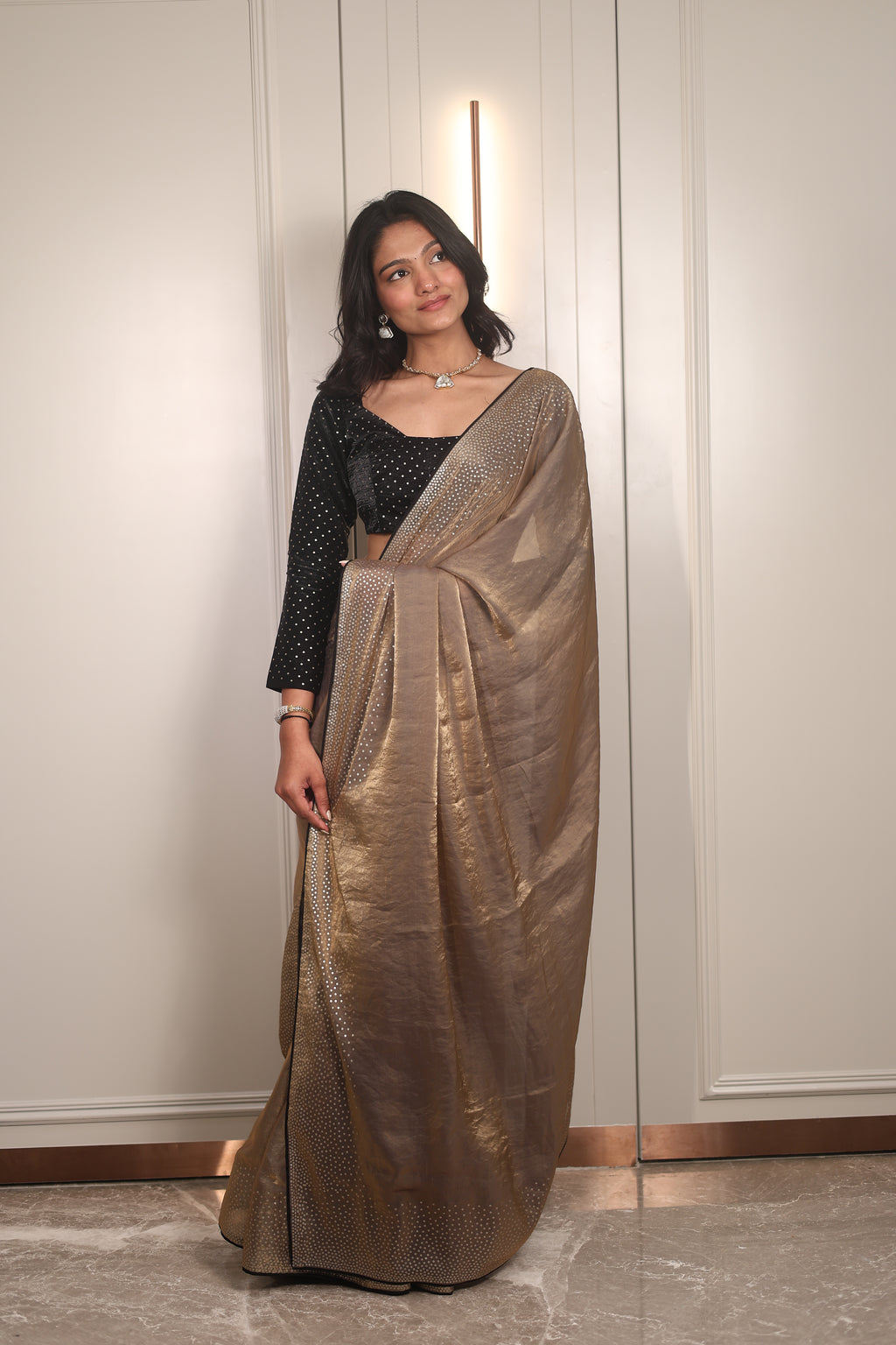 Gold Sequin Saree with Black Contrast Sequin Blouse – Elegant Party Wear & Festive Designer Saree for Women