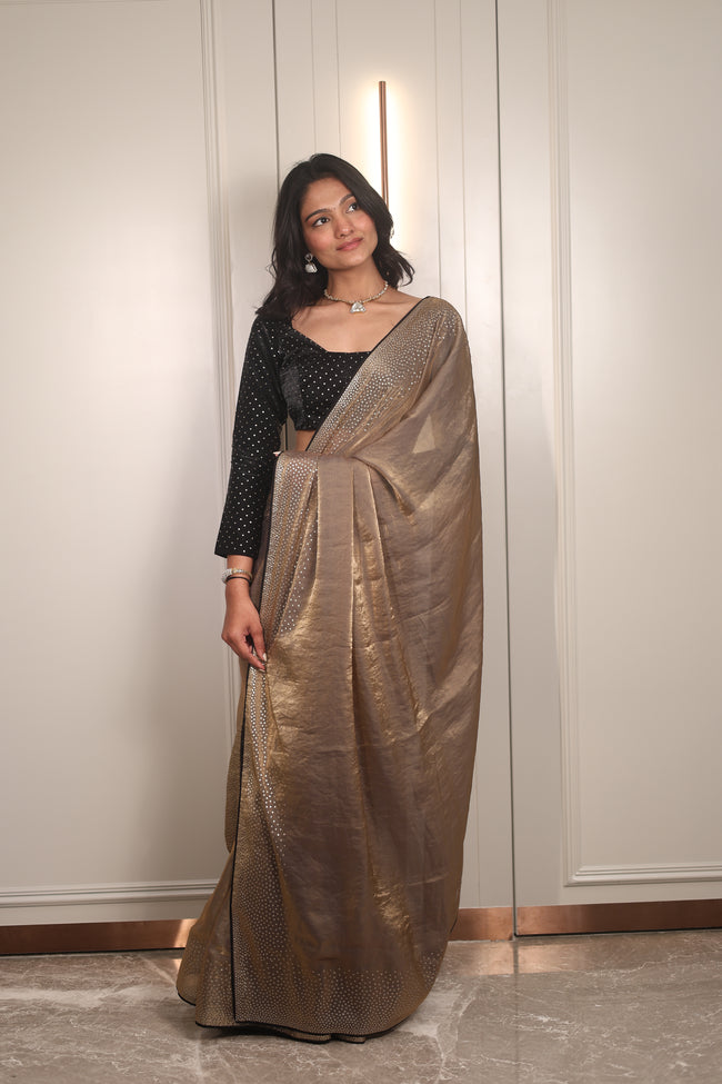 Gold Sequin Saree with Black Contrast Sequin Blouse – Elegant Party Wear & Festive Designer Saree for Women Main Image