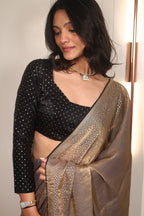 Gold Sequin Saree with Black Contrast Sequin Blouse – Elegant Party Wear & Festive Designer Saree for Women