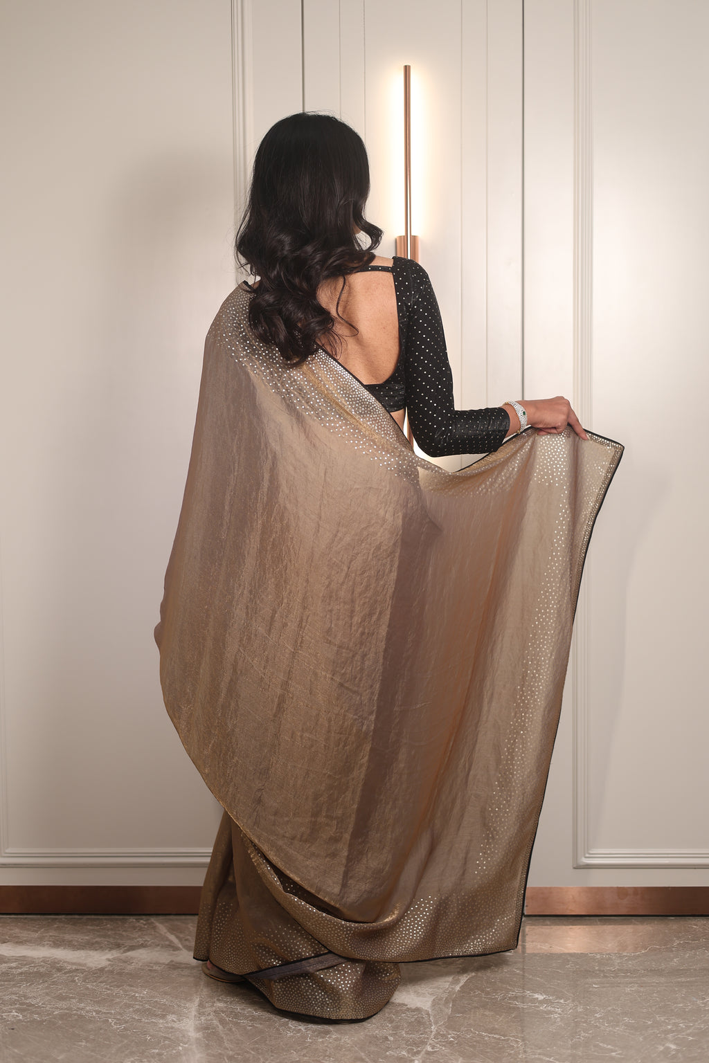 Gold Sequin Saree with Black Contrast Sequin Blouse – Elegant Party Wear & Festive Designer Saree for Women