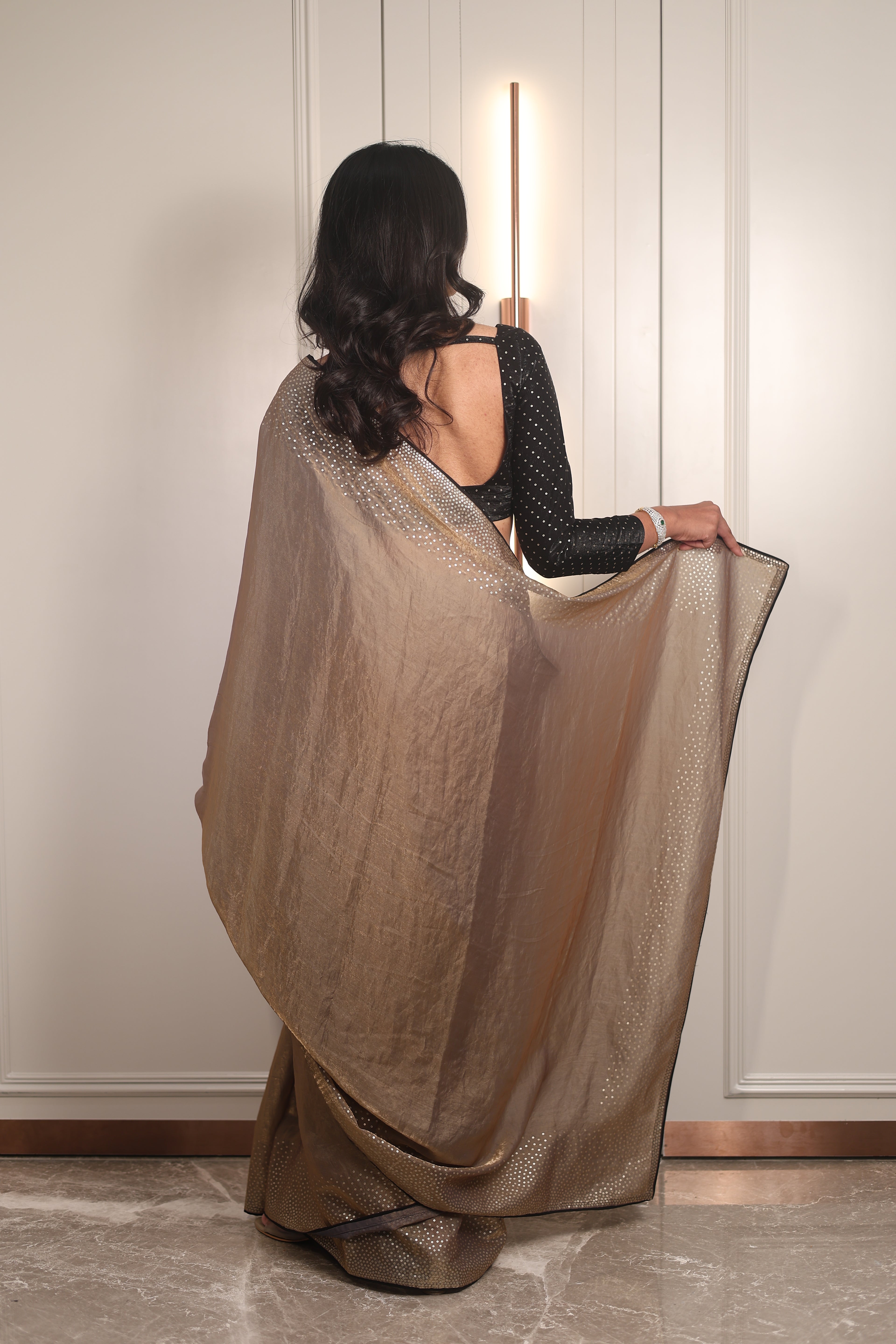 Gold Sequin Saree with Black Contrast Sequin Blouse – Elegant Party Wear & Festive Designer Saree for Women