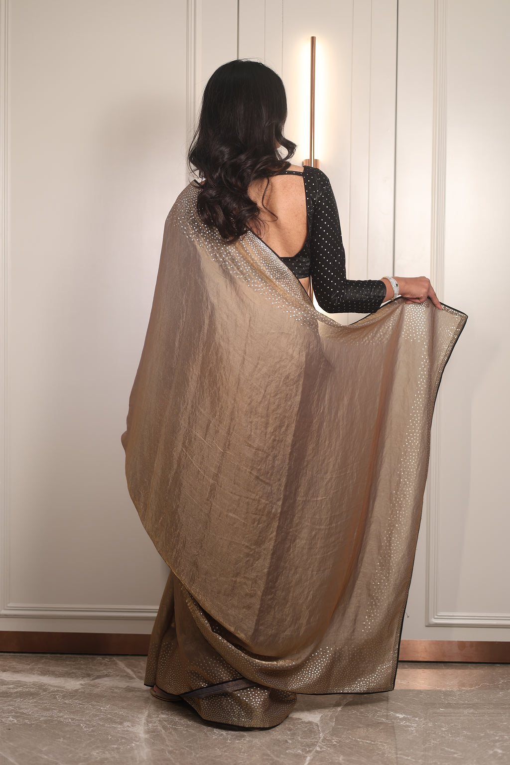 Gold Sequin Saree with Black Contrast Sequin Blouse – Elegant Party Wear & Festive Designer Saree for Women