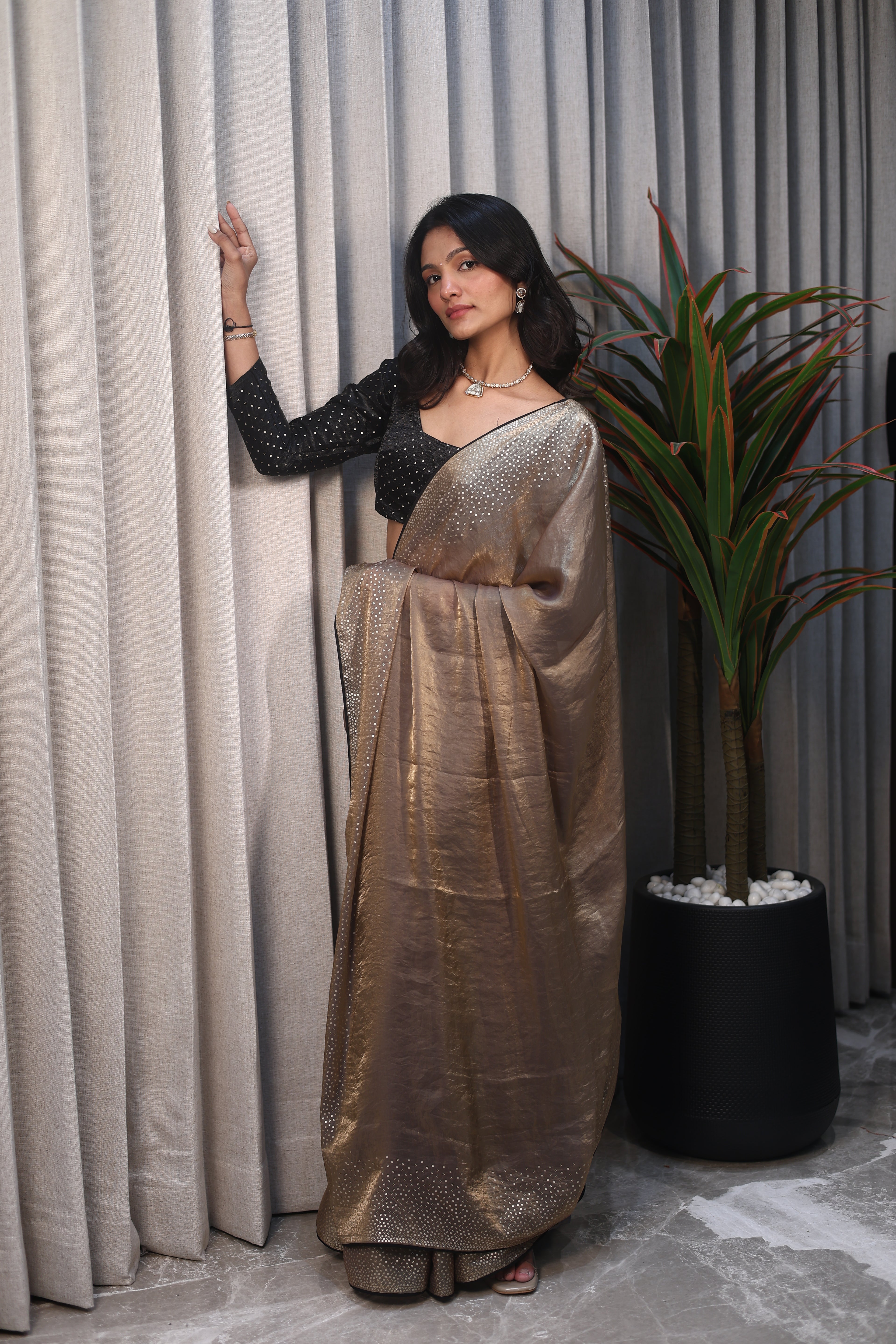 Gold Sequin Saree with Black Contrast Sequin Blouse – Elegant Party Wear & Festive Designer Saree for Women