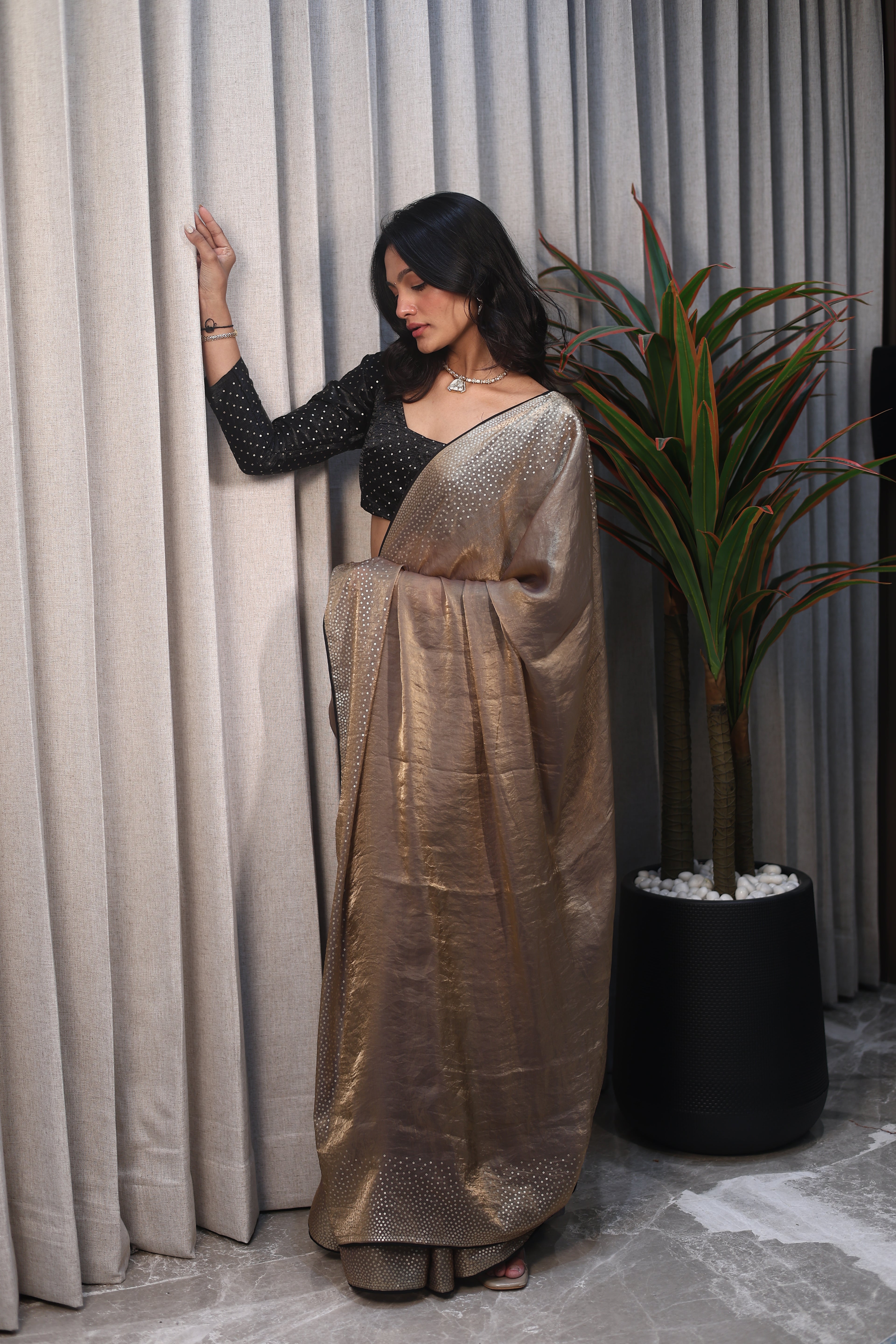 Gold Sequin Saree with Black Contrast Sequin Blouse – Elegant Party Wear & Festive Designer Saree for Women