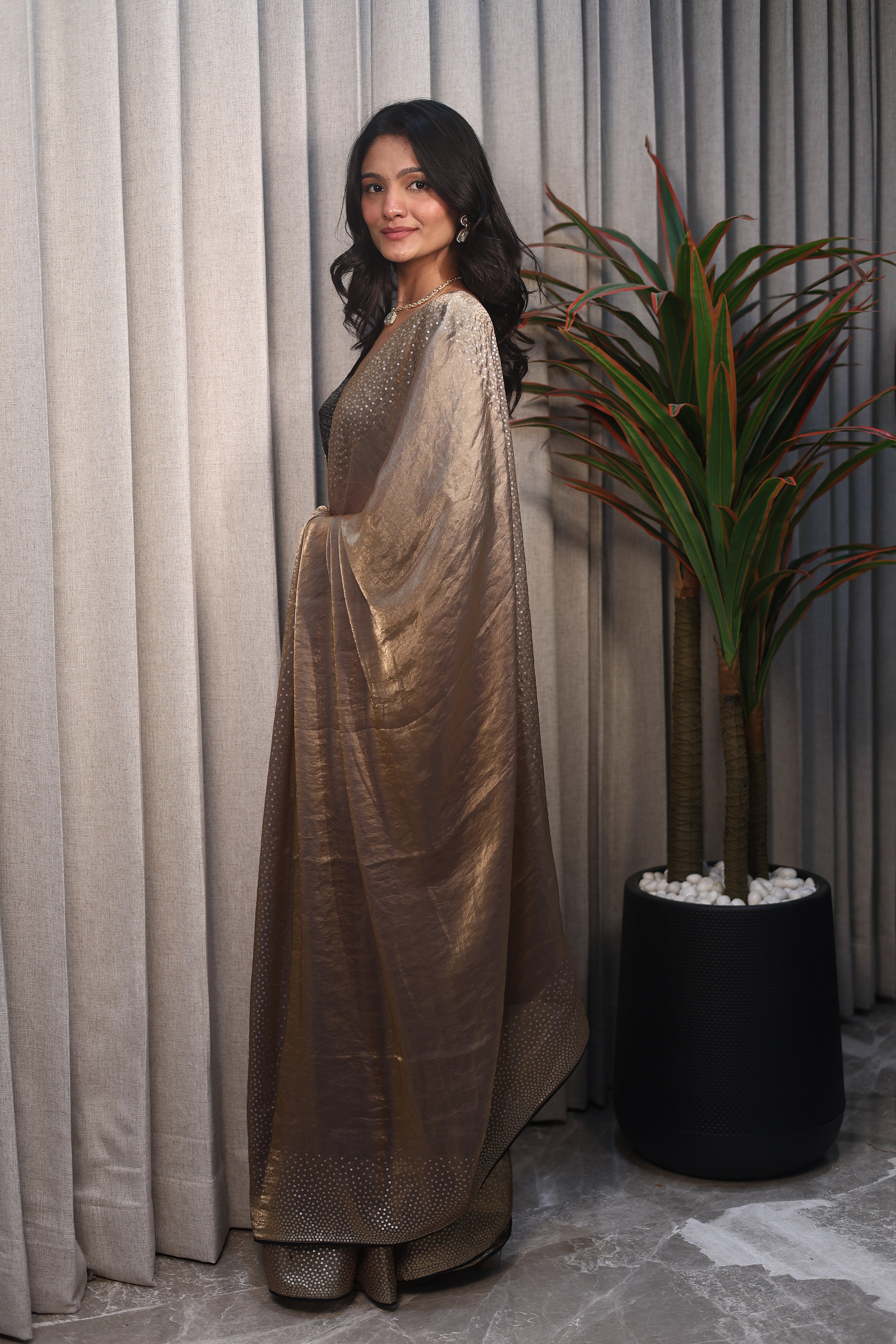 Gold Sequin Saree with Black Contrast Sequin Blouse – Elegant Party Wear & Festive Designer Saree for Women