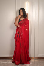 Red Sequin Saree with Green Contrast Blouse – Elegant Party Wear & Festive Designer Saree for Women