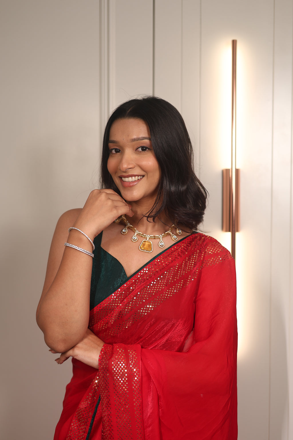 Red Sequin Saree with Green Contrast Blouse – Elegant Party Wear & Festive Designer Saree for Women