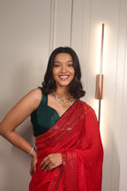 Red Sequin Saree with Green Contrast Blouse – Elegant Party Wear & Festive Designer Saree for Women