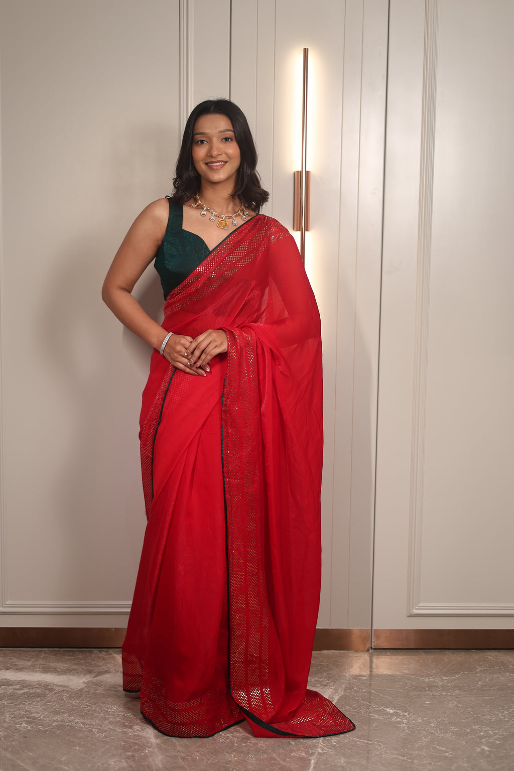 Red Sequin Saree with Green Contrast Blouse – Elegant Party Wear & Festive Designer Saree for Women