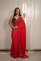 Red Sequin Saree with Green Contrast Blouse – Elegant Party Wear & Festive Designer Saree for Women