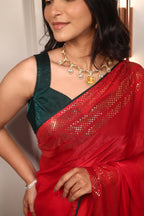 Red Sequin Saree with Green Contrast Blouse – Elegant Party Wear & Festive Designer Saree for Women