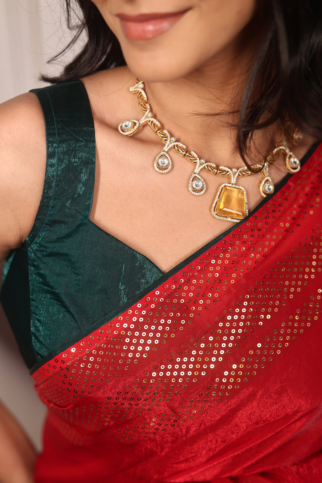 Red Sequin Saree with Green Contrast Blouse – Elegant Party Wear & Festive Designer Saree for Women