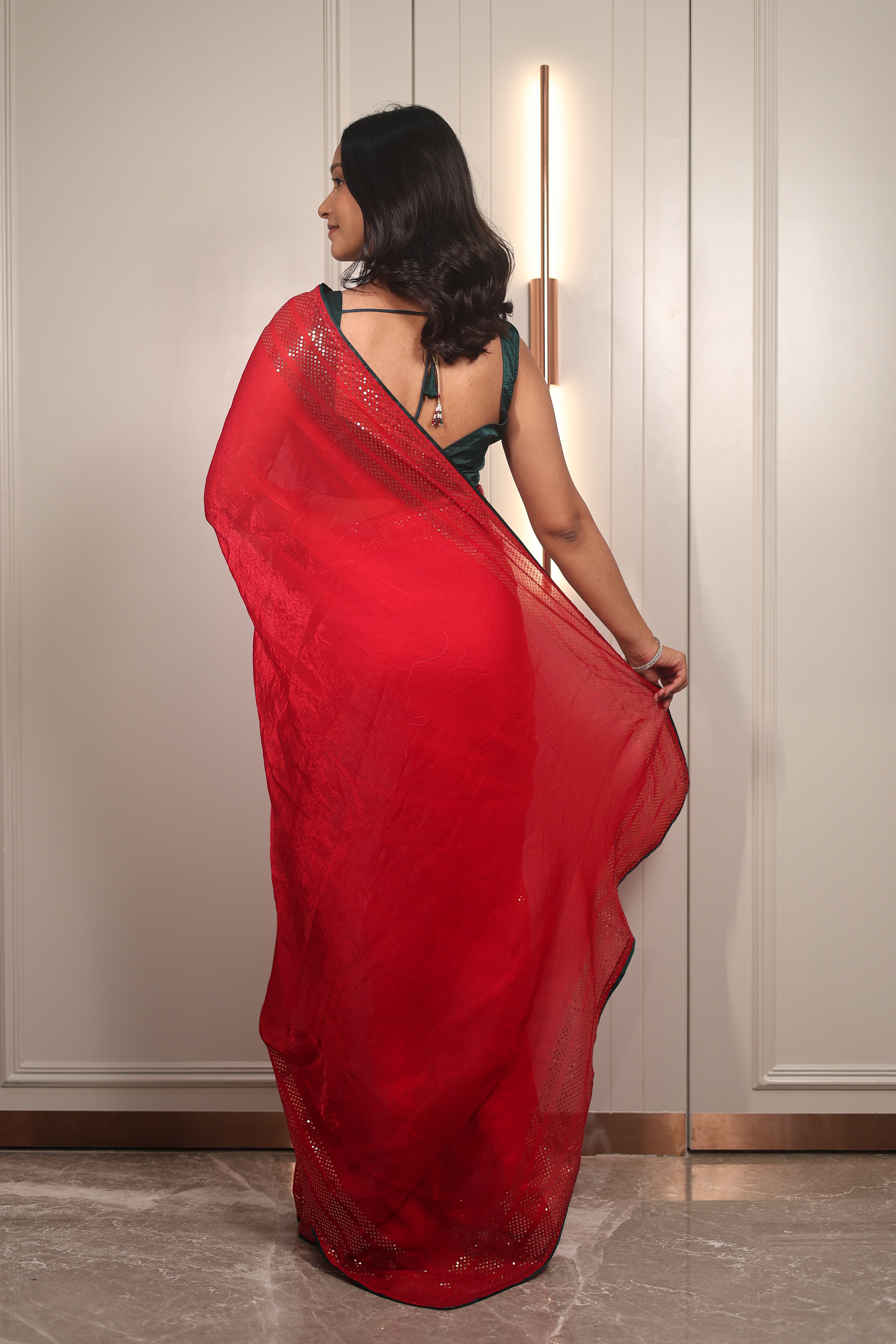 Red Sequin Saree with Green Contrast Blouse – Elegant Party Wear & Festive Designer Saree for Women