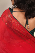 Red Sequin Saree with Green Contrast Blouse – Elegant Party Wear & Festive Designer Saree for Women