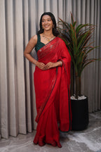 Red Sequin Saree with Green Contrast Blouse – Elegant Party Wear & Festive Designer Saree for Women