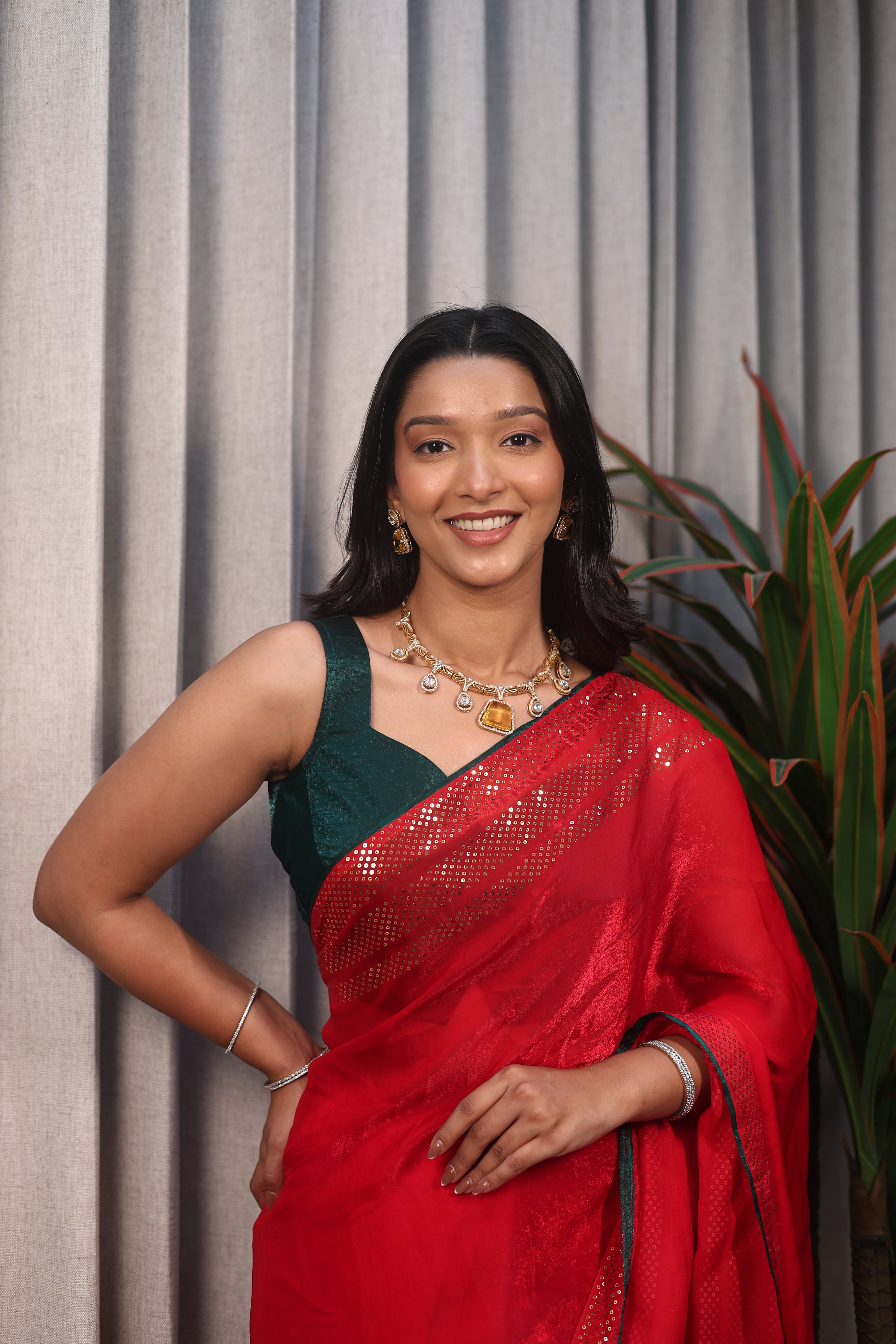 Red Sequin Saree with Green Contrast Blouse – Elegant Party Wear & Festive Designer Saree for Women