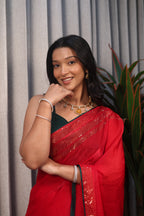 Red Sequin Saree with Green Contrast Blouse – Elegant Party Wear & Festive Designer Saree for Women
