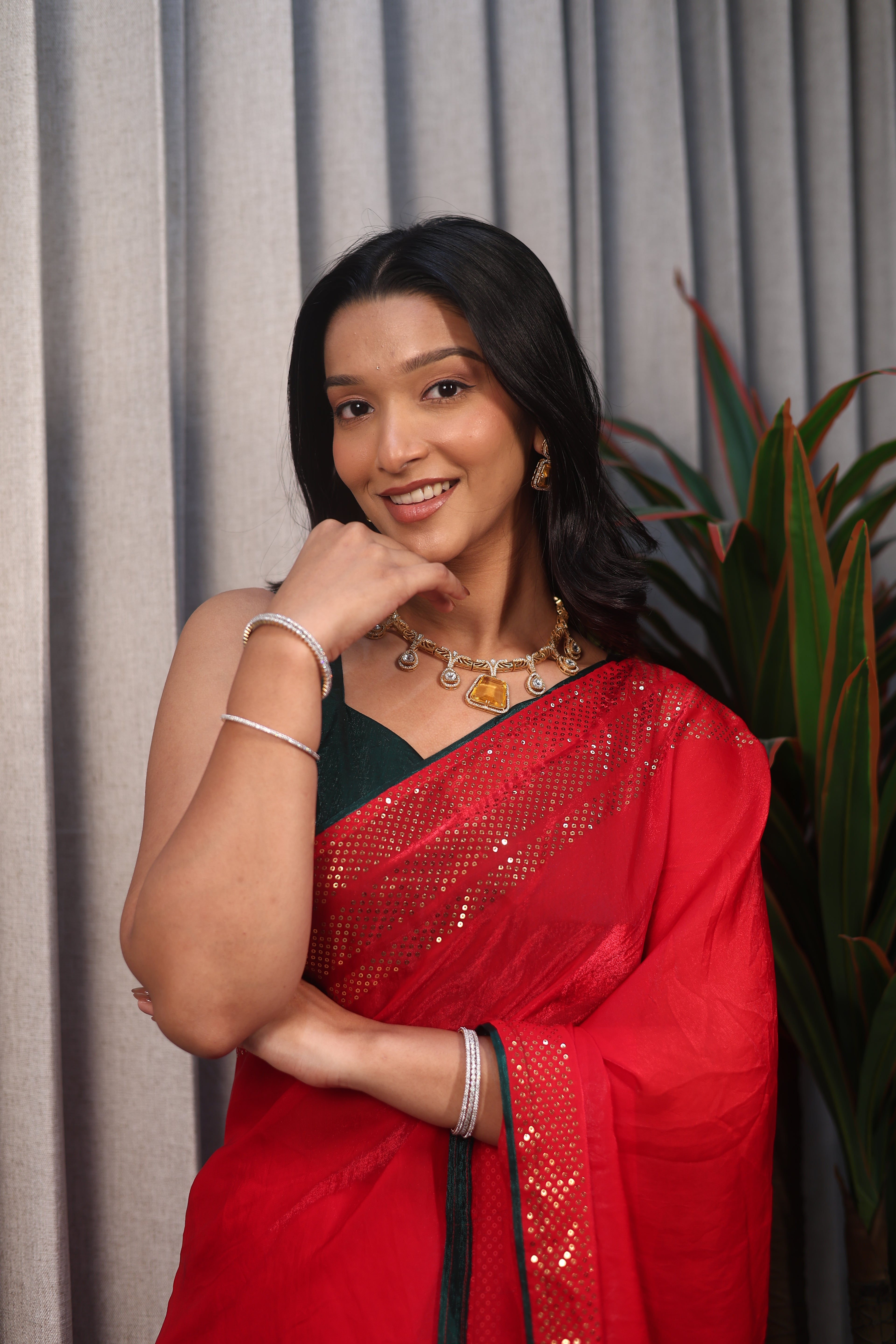 Red Sequin Saree with Green Contrast Blouse – Elegant Party Wear & Festive Designer Saree for Women