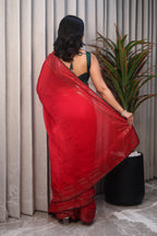 Red Sequin Saree with Green Contrast Blouse – Elegant Party Wear & Festive Designer Saree for Women