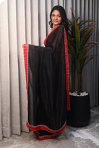 Black Linen Silk Saree with Red Bandhani Border & Foil Work Blouse – Elegant Festive & Party Wear Saree for Women