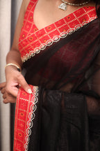 Black Linen Silk Saree with Red Bandhani Border & Foil Work Blouse – Elegant Festive & Party Wear Saree for Women