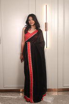 Black Linen Silk Saree with Red Bandhani Border & Foil Work Blouse – Elegant Festive & Party Wear Saree for Women