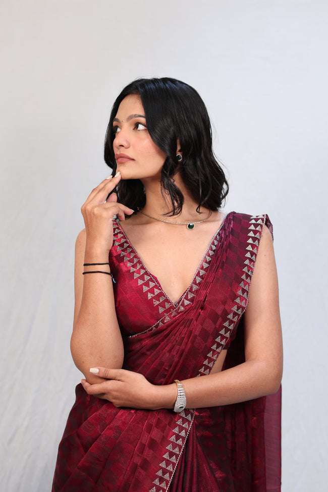Luxury Wine Red Satin Checkered Saree with Designer Diamond Work Border & Blouse Main Image