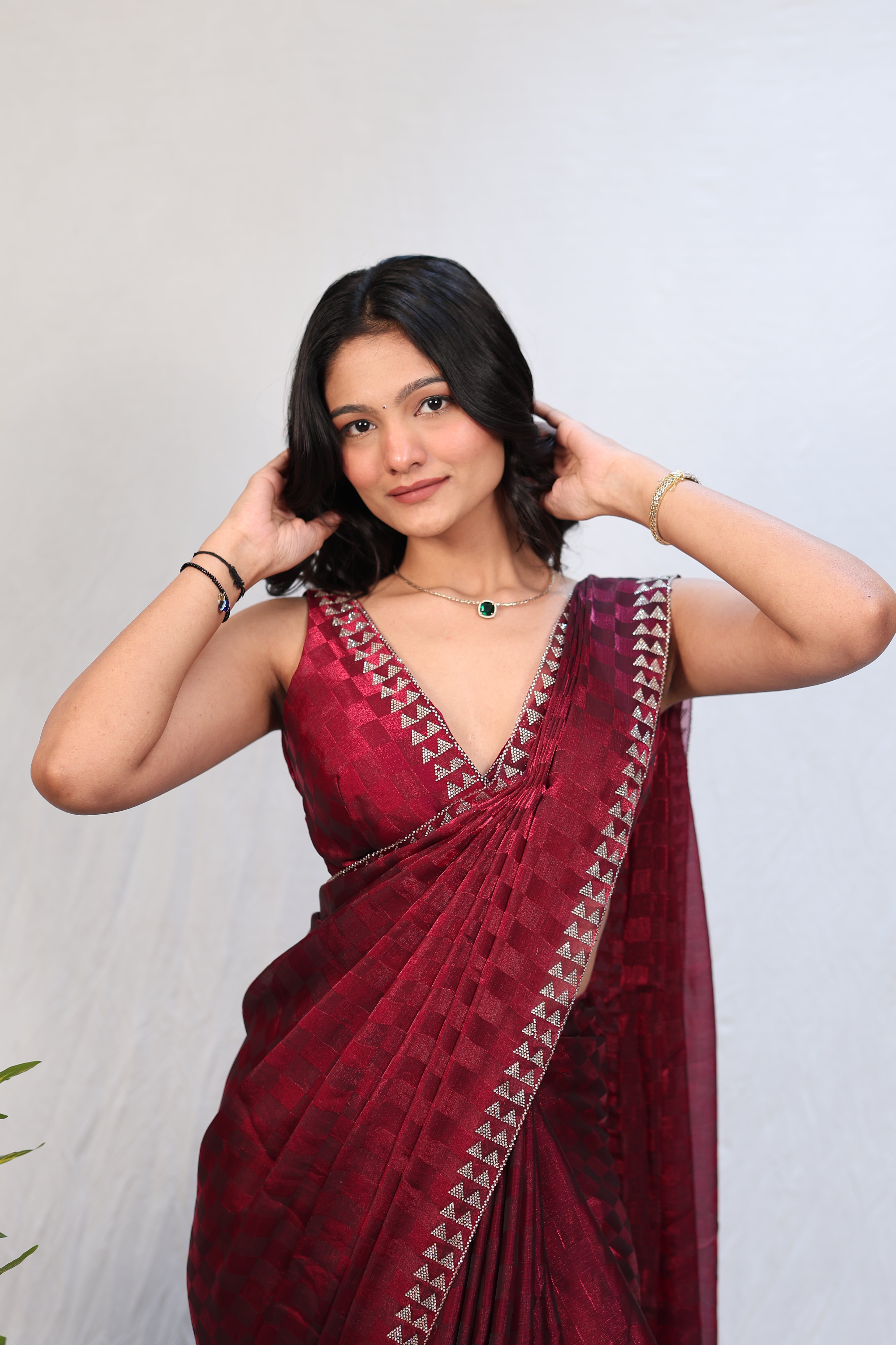 Luxury Wine Red Satin Checkered Saree with Designer Diamond Work Border & Blouse