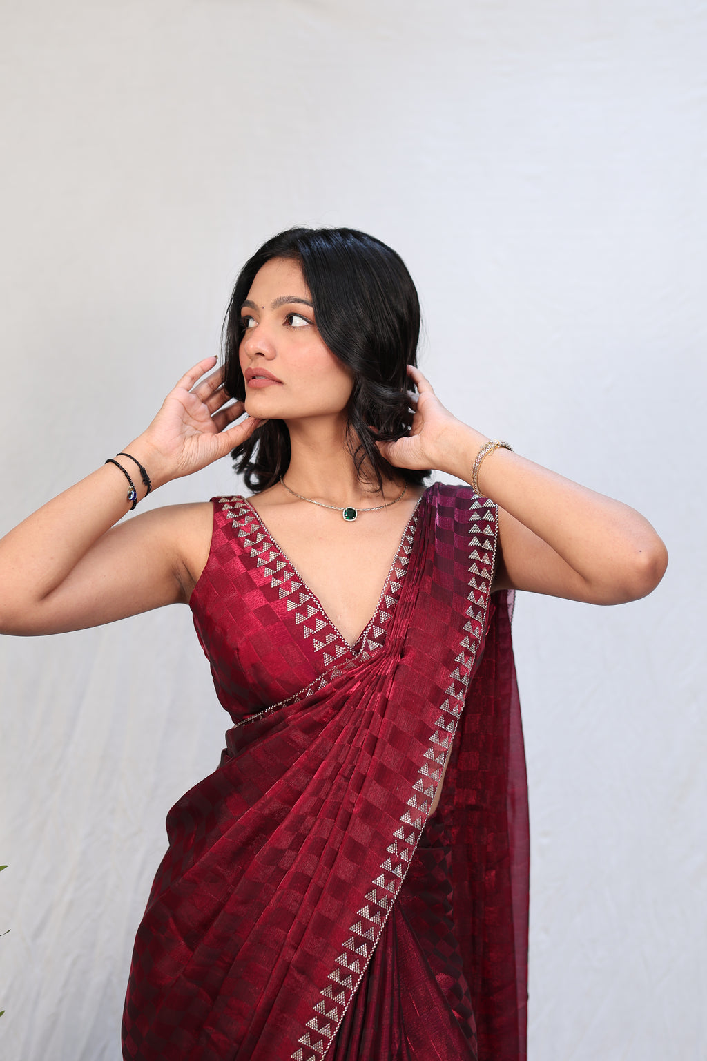 Luxury Wine Red Satin Checkered Saree with Designer Diamond Work Border & Blouse