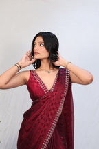 Luxury Wine Red Satin Checkered Saree with Designer Diamond Work Border & Blouse