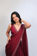 Luxury Wine Red Satin Checkered Saree with Designer Diamond Work Border & Blouse