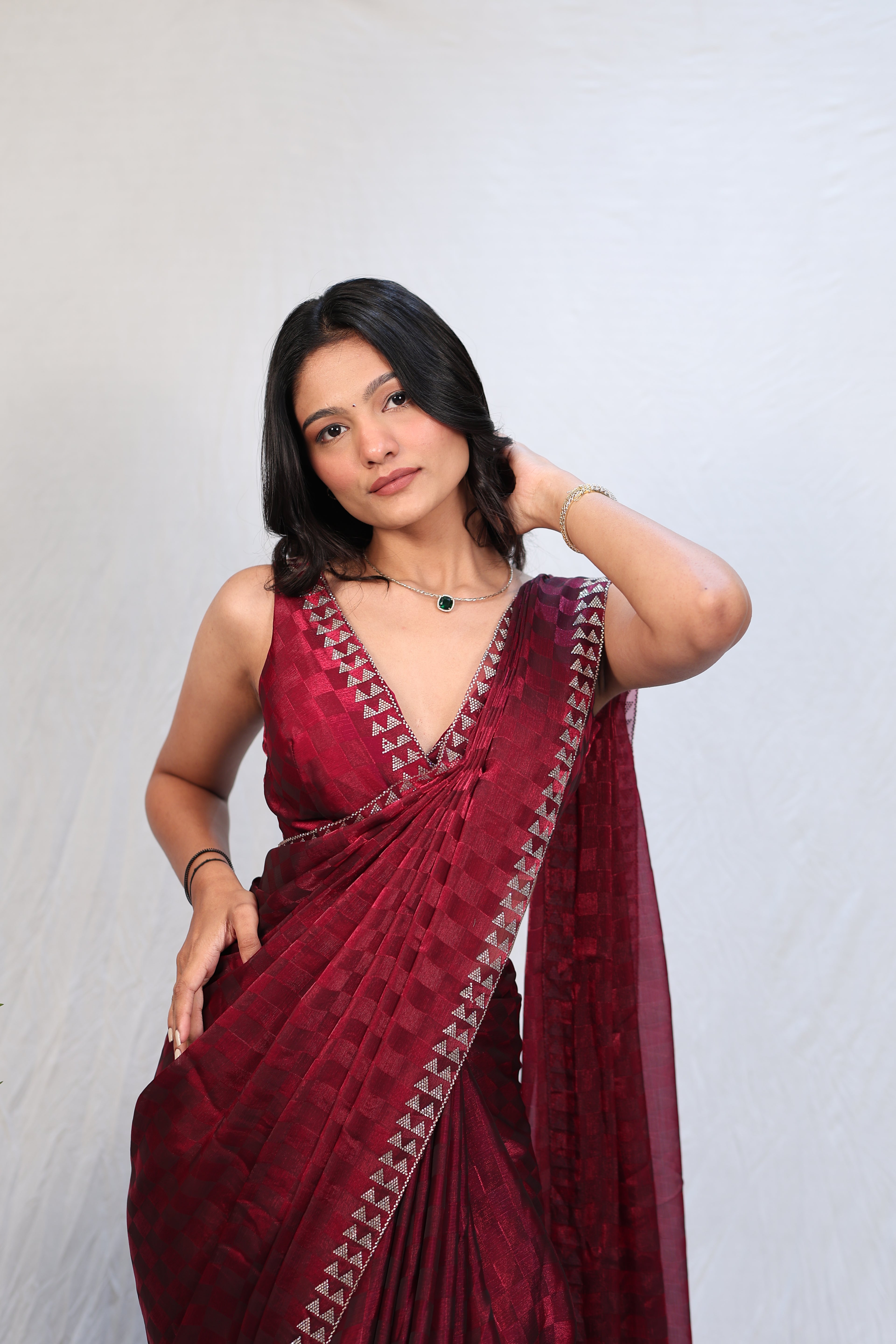 Luxury Wine Red Satin Checkered Saree with Designer Diamond Work Border & Blouse