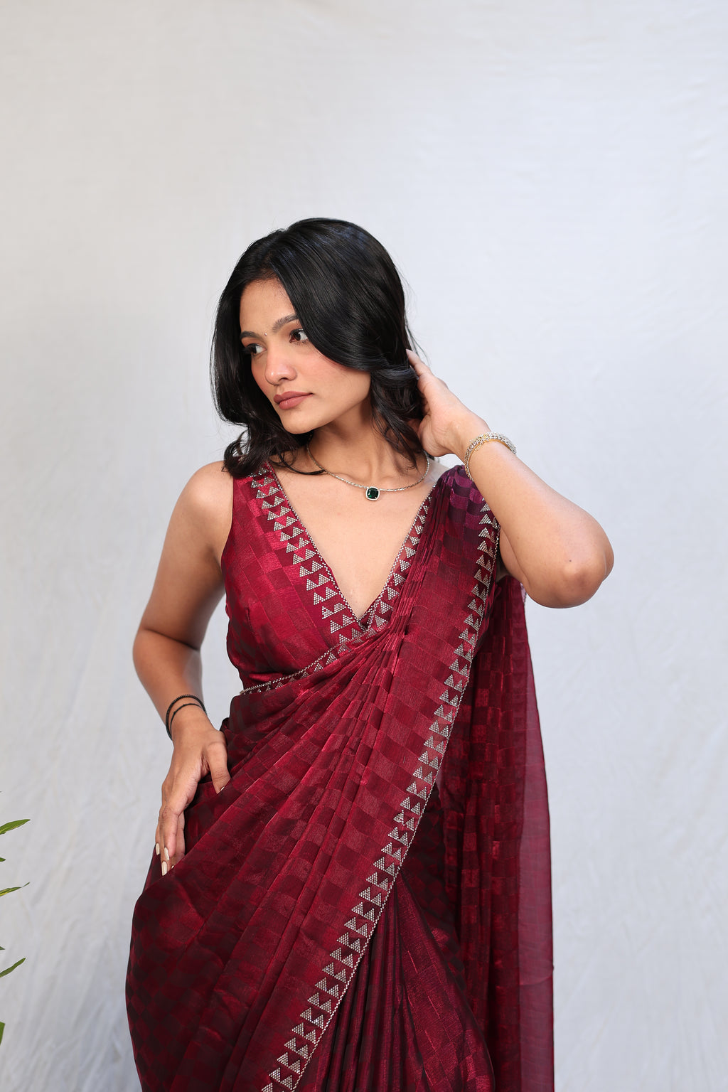 Luxury Wine Red Satin Checkered Saree with Designer Diamond Work Border & Blouse