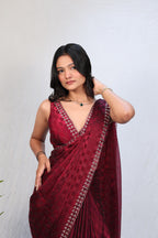 Luxury Wine Red Satin Checkered Saree with Designer Diamond Work Border & Blouse