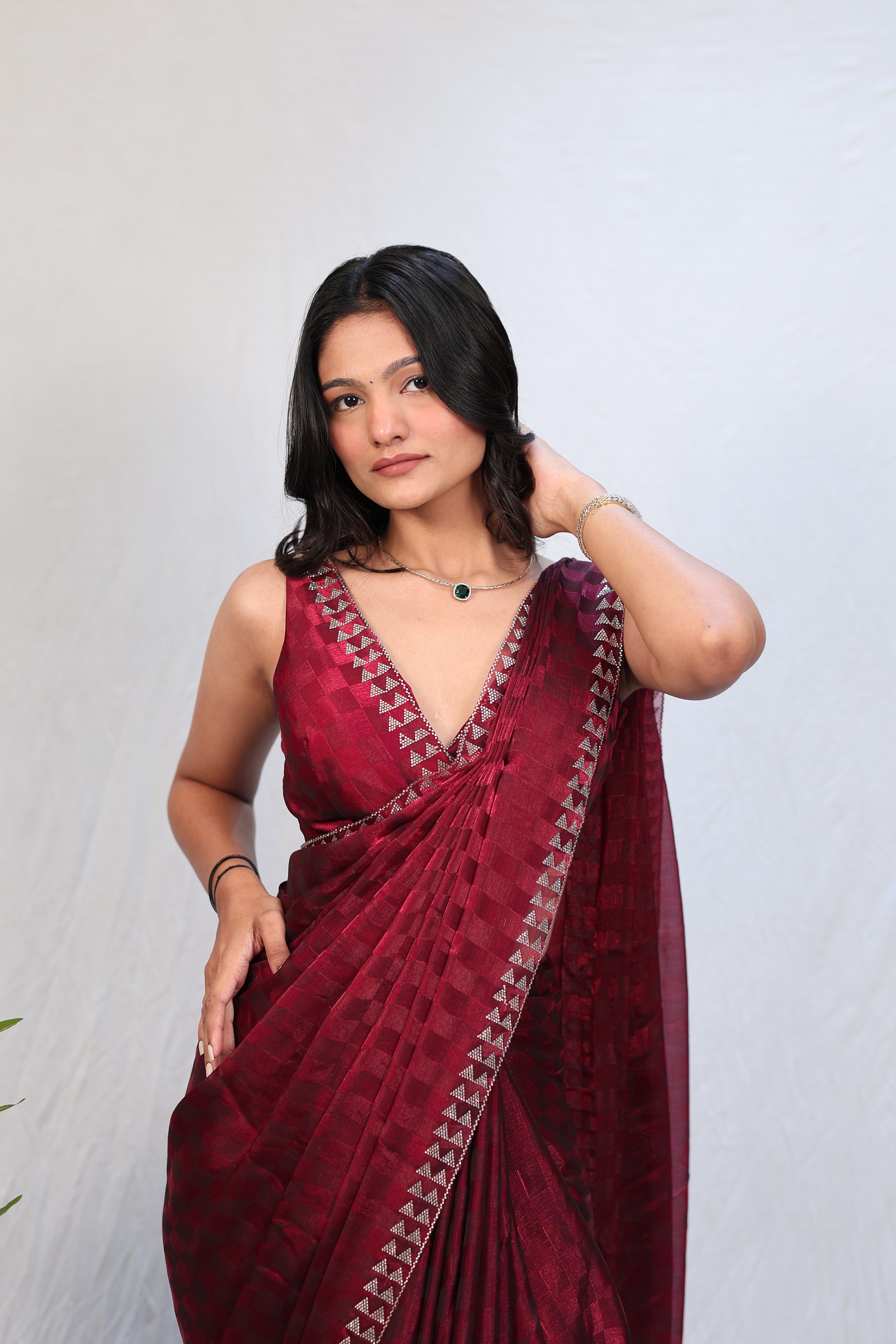 Luxury Wine Red Satin Checkered Saree with Designer Diamond Work Border & Blouse