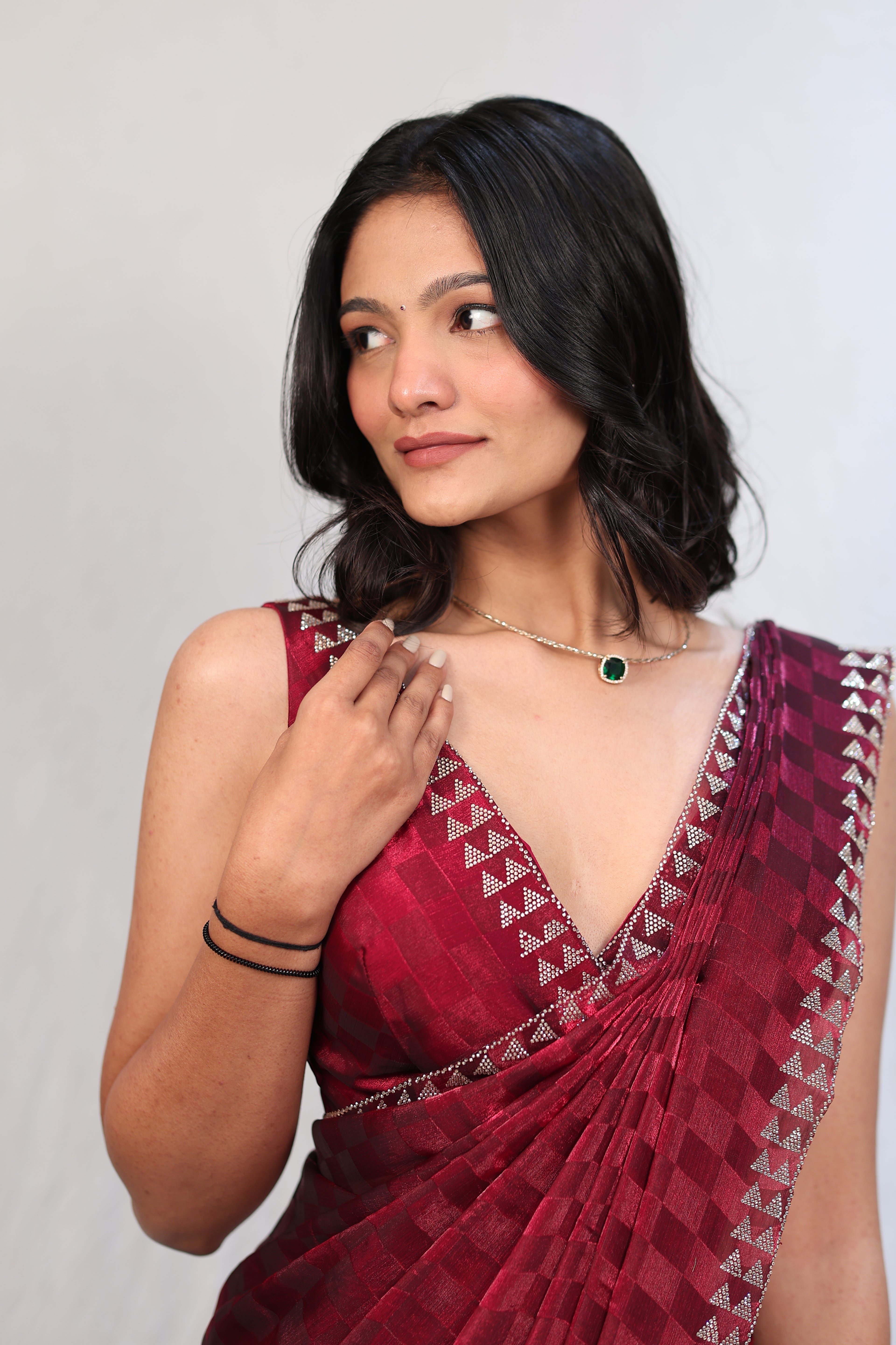 Luxury Wine Red Satin Checkered Saree with Designer Diamond Work Border & Blouse