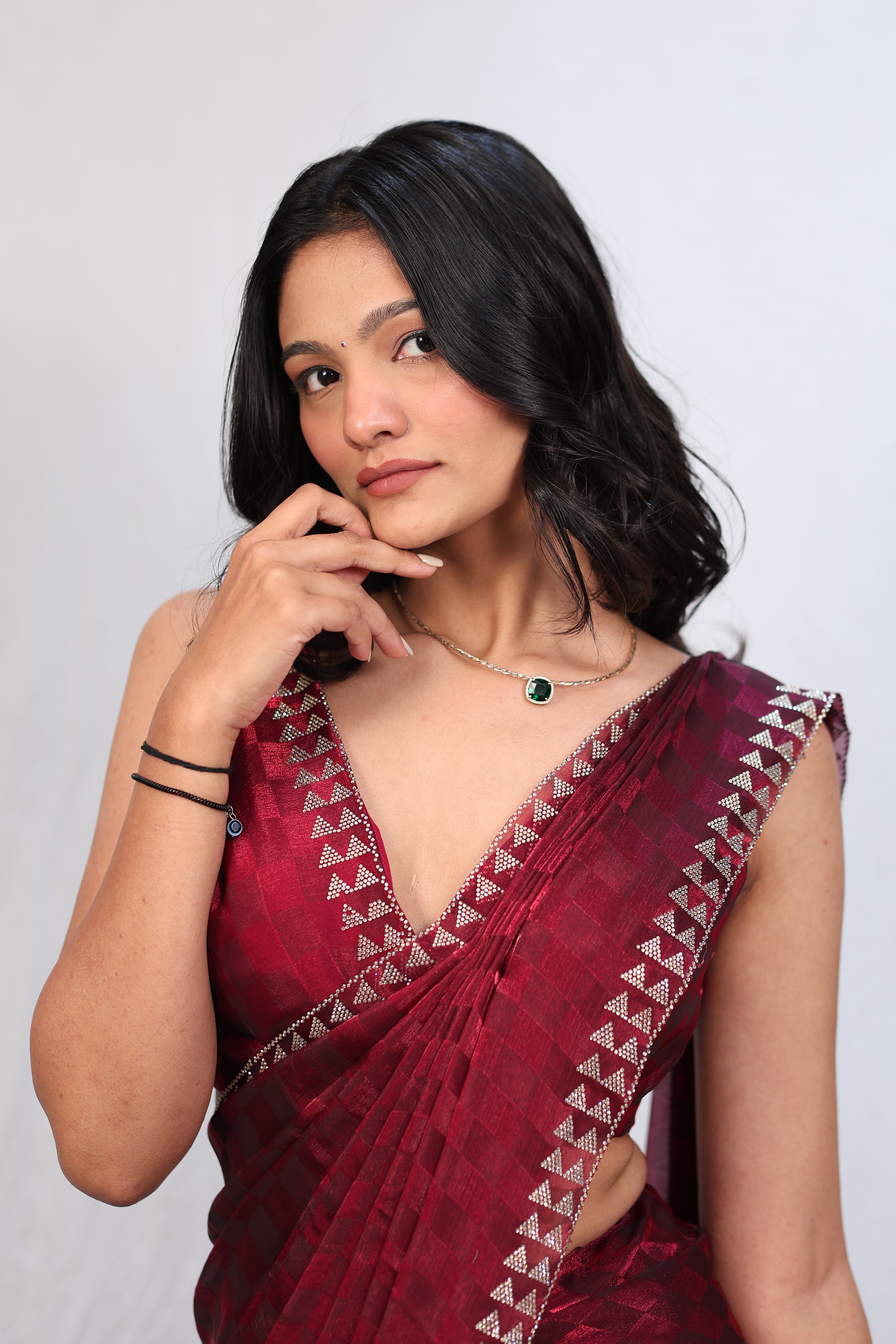 Luxury Wine Red Satin Checkered Saree with Designer Diamond Work Border & Blouse