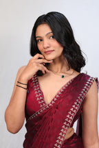 Luxury Wine Red Satin Checkered Saree with Designer Diamond Work Border & Blouse