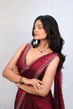 Luxury Wine Red Satin Checkered Saree with Designer Diamond Work Border & Blouse