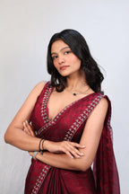 Luxury Wine Red Satin Checkered Saree with Designer Diamond Work Border & Blouse