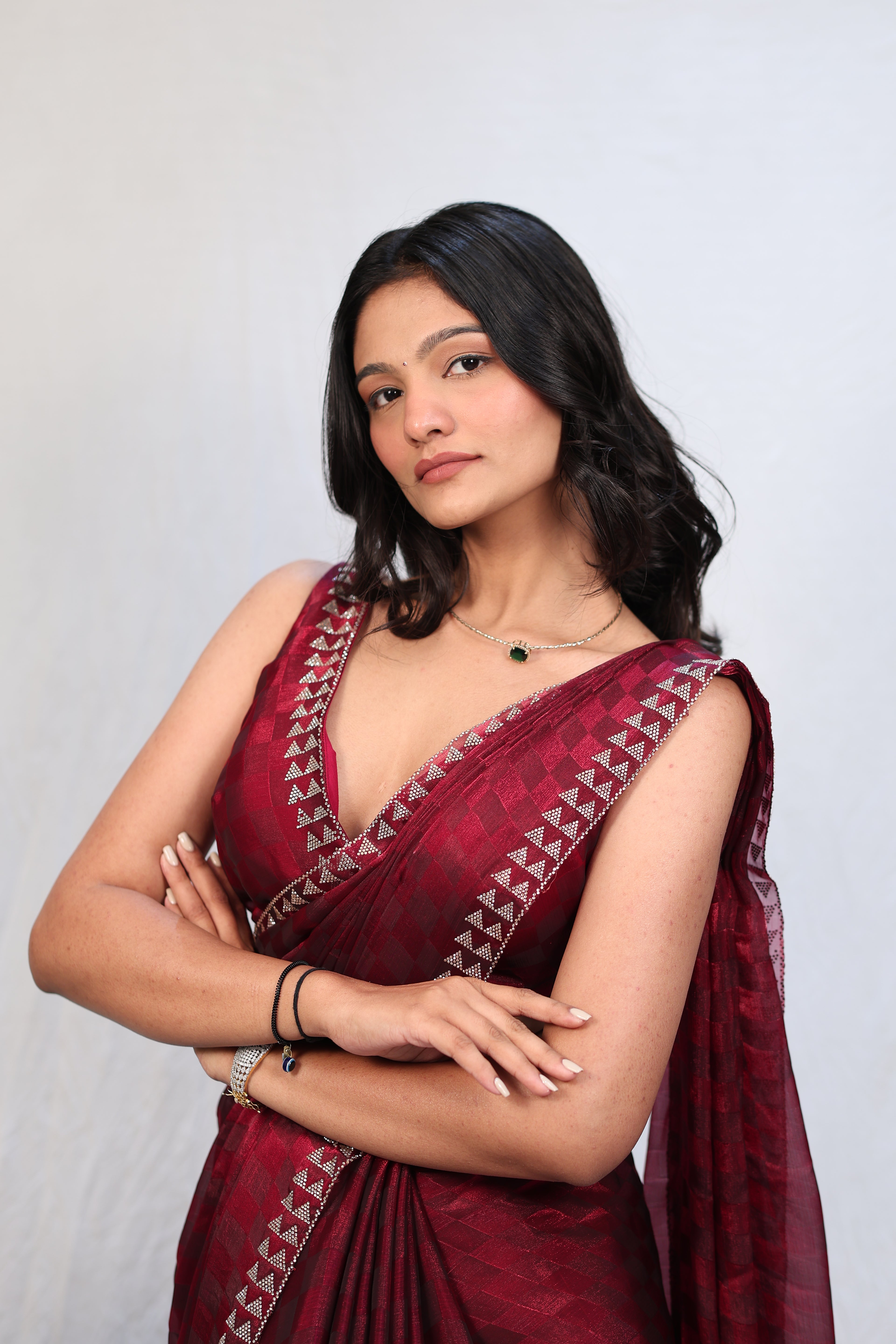 Luxury Wine Red Satin Checkered Saree with Designer Diamond Work Border & Blouse
